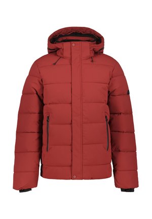 Rote gefütterte Winterjacke mit Kapuze, Frontreißverschluss und Reißverschlusstaschen an den Seiten, entworfen für kaltes Wetter.