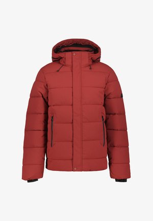 Rote gefütterte Winterjacke mit Kapuze, Frontreißverschluss und Reißverschlusstaschen an den Seiten, entworfen für kaltes Wetter.