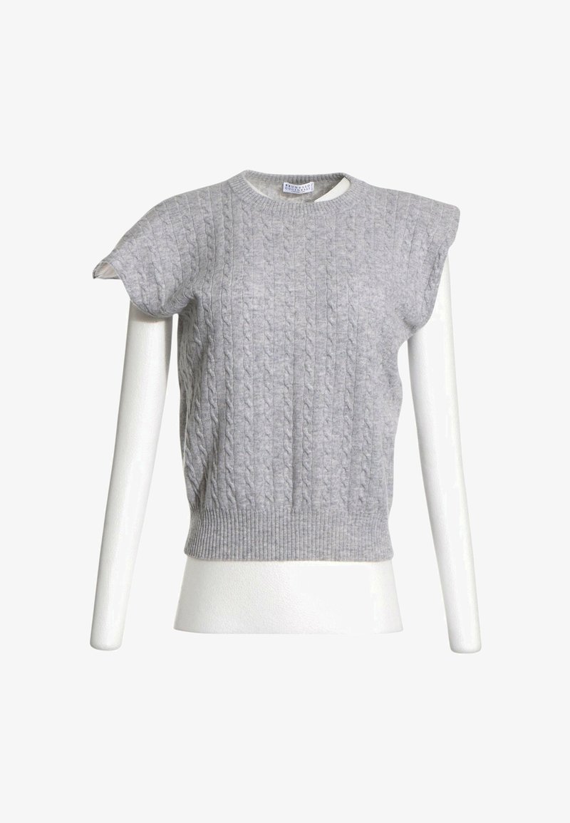 Pull sans manches gris clair en maille torsadée avec ourlet côtelé, exposé sur un buste de mannequin blanc avec bras.