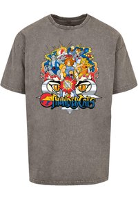 Grijze katoenen t-shirt met een kleurrijke grafische print van personages uit "ThunderCats," inclusief dynamische poses en dikke contouren.