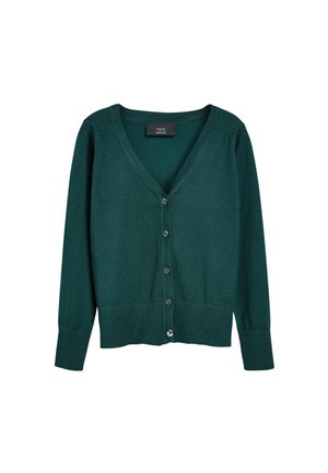 Cardigan verde scuro a V con bottoni, maniche lunghe e polsini e orlo a coste, con etichetta "next school."