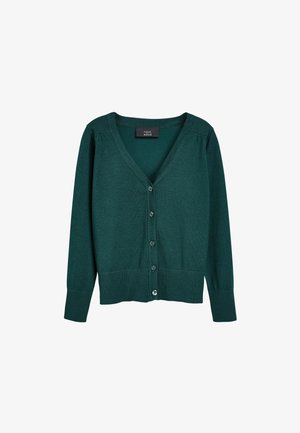 Dunkelgrüne V-Ausschnitt-Cardigan mit Knöpfen, langen Ärmeln und gerippten Bündchen sowie Saum, mit der Beschriftung „next school“.