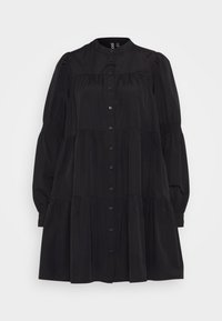 Black button-up dress with a high collar, long puff sleeves, and tiered skirt design. Made from smooth fabric with a matte finish.