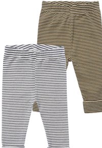 Two pairs of striped leggings: one in white with navy stripes, the other in tan with dark brown stripes. Both feature an elastic waistband.