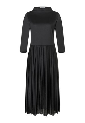 Black dress featuring a high neckline, long sleeves, and a pleated skirt. Made of soft fabric with a smooth texture. Simple and elegant design.