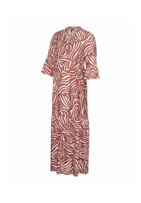 Maxi-jurk in rood en crème met een golvend zebrapatroon, met een V-hals, korte uitlopende mouwen en een strikceintuur voor een getailleerde silhouette.