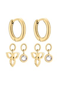 Boucles d'oreilles en forme de créole dorées avec deux charmes interchangeables : un design floral et un cristal rond. Texture lisse et finition polie.