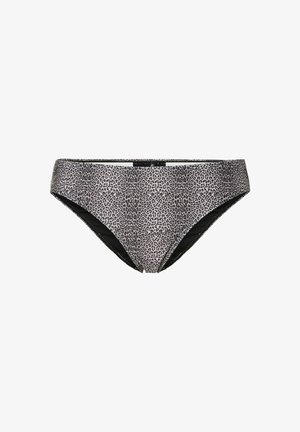 Női bikini alsó szürke és fekete leopárdmintával, rugalmas derékrésszel és közepes fedéssel.