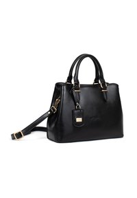 Borsa a mano in pelle nera con design strutturato, doppio manico superiore, tracolla rimovibile e dettagli in hardware color oro. Presenta un'etichetta.