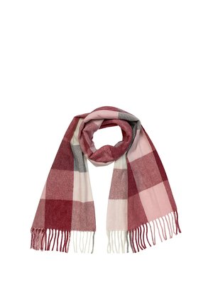 Plaid scarf with fringed ends in shades of red, pink, white, and gray, folded with a loop in the center on a white background.