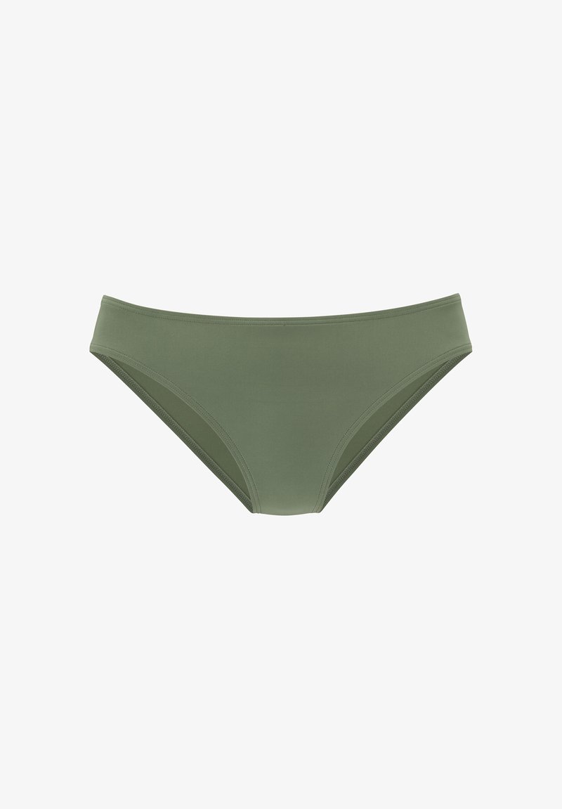 Olijfgroene bikini onderkant gemaakt van gladde stof. Heeft een middenhoogte taille en gemiddelde bedekking. Naaddetails rond de beenopeningen.
