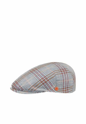 Flat cap with a gray base and multicolored plaid pattern, featuring a small round orange logo on the side.
