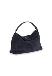 Granatowa torebka z zamszu o usztywnionej formie i gładkim skórzanym uchwycie. Posiada składany wierzch oraz minimalistyczne elementy wzornicze.