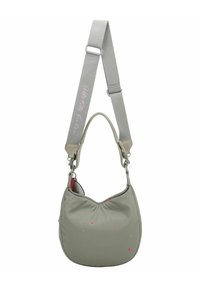 Borsa a spalla in tessuto verde con forma arrotondata, caratterizzata da motivi a stelle rosa e arancioni e una ampia tracolla grigia regolabile. Finiture in metallo argentato.