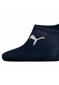 Marineblaue Knöchelsocken aus einem dehnbaren, strukturierten Material mit einem weißen Puma-Logo an der Seite. Niedrig geschnittenes Design für eine dezente Passform.
