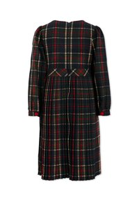 Sukienka w kratę w kolorach granatowym, zielonym i czerwonym; posiada długie rękawy, plisowaną spódnicę, zamek błyskawiczny z tyłu oraz czerwone guziki na rękawach.