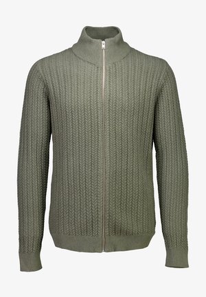 Cardigan en laine verte tricoté avec un col montant, fermeture éclair complète, et texture côtelée. Présente un motif en zigzag et des poignets ajustés pour un maintien confortable.