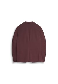 Blazer bordeaux, design su misura, tessuto morbido, spalle strutturate, squama centrale sul retro, e colletto a rever. Vista posteriore mostrata.