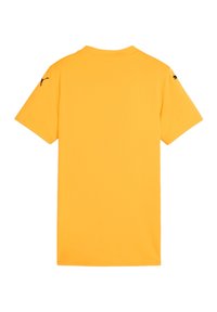 Gelbes Kurzarm-T-Shirt aus Baumwolle mit Rundhalsausschnitt und dezentem Logodetail an der linken Schulter. Glatte Textur.