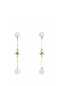 Gold-tone earrings featuring white pearls on top, a star detail with clear stones, and a delicate chain connecting them.