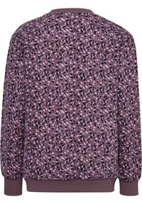 Långärmad sweatshirt i mauve och svart leopardmönster, tillverkad av texturerad tyg, med ribbade ärmslut och nederkant.