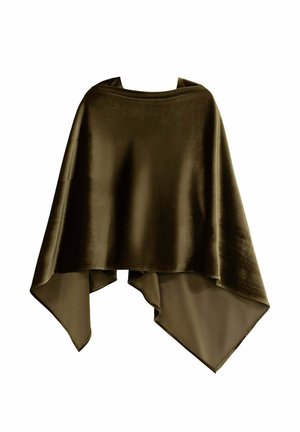 Poncho en velours vert olive avec un design drapé, présentant une texture lisse et un ourlet asymétrique. Sans fermetures ni motifs visibles.