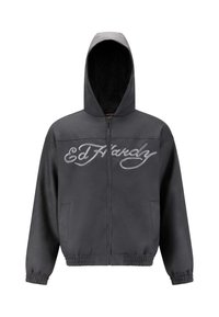 Felpa nera con zip e logo "Ed Hardy" sul petto, con polsini e orlo elastici e tasche laterali, mostrata su uno sfondo bianco.