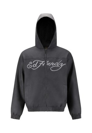 Felpa nera con zip e logo "Ed Hardy" sul petto, con polsini e orlo elastici e tasche laterali, mostrata su uno sfondo bianco.