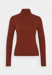 Geribbelde coltrui in roestrood, met lange mouwen en een nauwsluitende pasvorm. Gemaakt van een zachte, gestructureerde stof met zijsplitten.