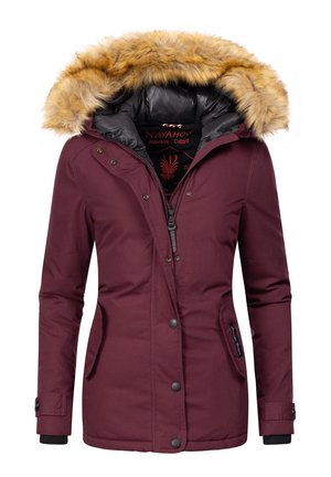 Bordeaux parka jas met een afneembare faux fur capuchon, rits- en drukknoopsluiting, zijzakken en elastische manchetten. Gevoerde binnenkant met logo.
