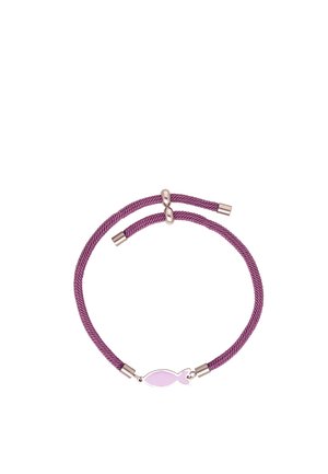 Brățară reglabilă din șnur mov, cu un mic charm roz în formă de pește și accente metalice argintii pe fundal alb.