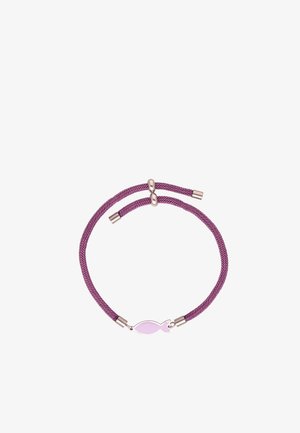 Állítható lila zsinór karkötő kis rózsaszín hal alakú medállal és ezüstszínű fém díszítéssel fehér háttéren.