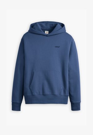 Navy blue hoodie made of cotton blend fabric. Features a front pouch pocket, ribbed cuffs, and a small logo on the chest.