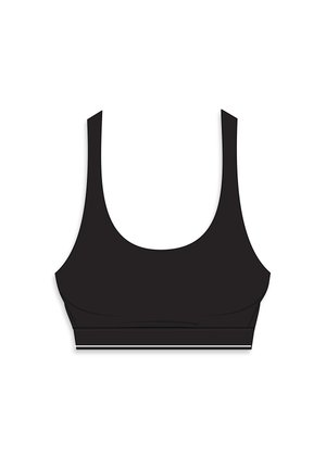 Soutien-gorge de sport noir avec un décolleté large et arrondi et des bretelles épaisses. Il présente une texture lisse et une bande blanche contrastante le long du bas.