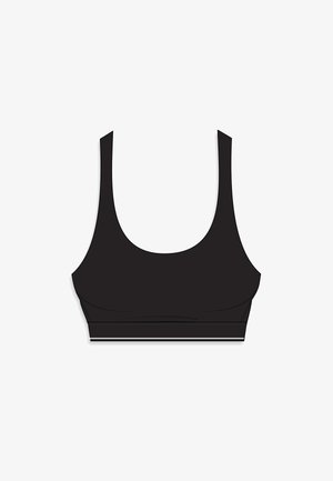 Reggiseno sportivo nero con scollo ampio e spalline larghe. Presenta una texture liscia e una fascia bianca a contrasto lungo il fondo.