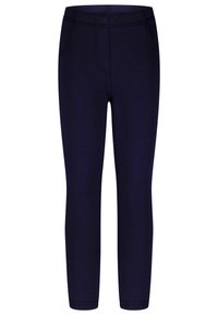 Navy blauwe leggins gemaakt van een rekbare stof, met een gladde textuur, een nauwsluitende pasvorm en twee zijzakken met naaddetails.