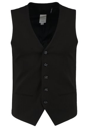 Zwart formeel vest met een V-hals, zes knopen aan de voorkant en twee zijzakken. Gemaakt van gladde stof met een getailleerde pasvorm en zonder zichtbare patronen.