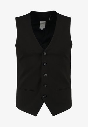 Chaleco formal negro con escote en V, seis botones delanteros y dos bolsillos laterales. Hecho de una tela suave con un corte ajustado y sin patrones visibles.