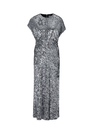 Strieborné flitrové večerné šaty s voľným strihom, kapkovými rukávmi a dlhým, rovnym siluetom. Zips na zadnej strane. Hladká textura.
