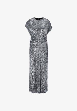 Vestido de noche plateado con lentejuelas, de corte holgado, mangas tipo capa y una silueta larga y recta. Cierre con cremallera en la parte posterior. Textura suave.