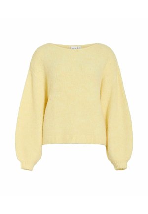 Suéter de punto amarillo suave con mangas largas abullonadas y escote redondo, con puños y dobladillo acanalados.