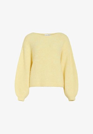 Suéter de punto amarillo suave con mangas largas abullonadas y escote redondo, con puños y dobladillo acanalados.