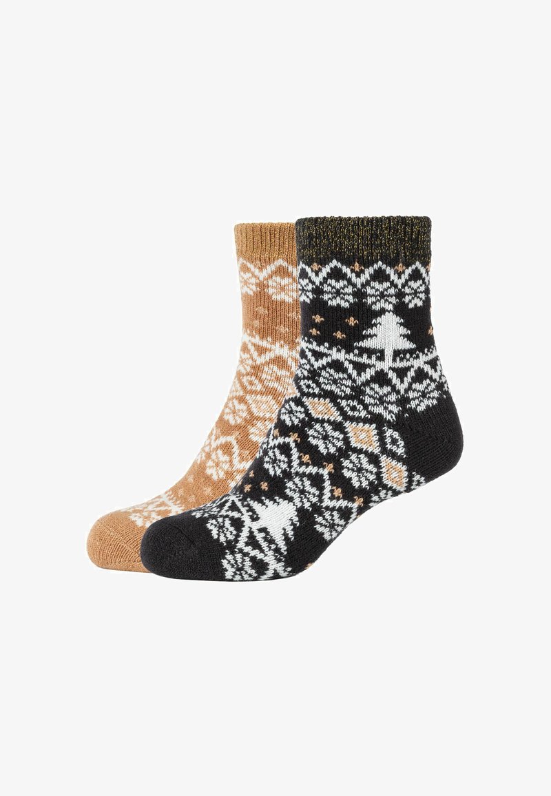 Calze lavorate a maglia: una in marrone chiaro con motivi bianchi, l'altra in nero con design geometrici bianchi e arancioni e un motivo ad albero.