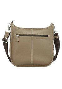 Beige Leder Schultertasche mit strukturierter Oberfläche, ausgestattet mit einer Frontreißverschlusstasche, weißen Nähten und einem Stoff-Schulterriemen.