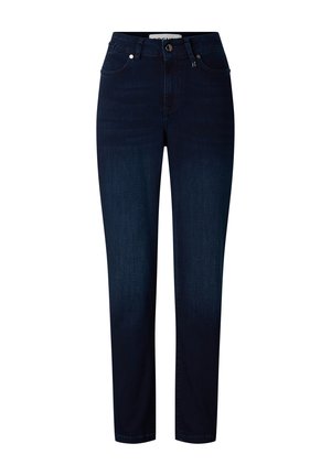 Dark blue slim-fit denim jeans with front button and zipper, belt loops, and front pockets, displayed on a plain white background.
