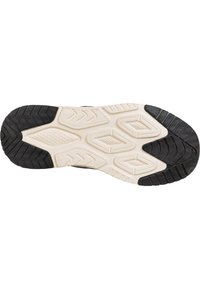 Sorte og hvide gummisko såler med et struktureret grebmønster, med forhøjede elementer til trækkraft og dræningskanaler.