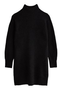 Abito maglione nero con colletto alto, maniche lunghe e vestibilità rilassata. Tessuto testurizzato e morbido con bordo dritto.