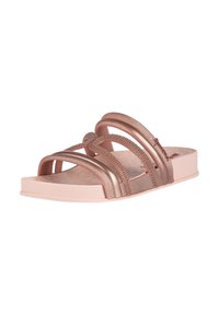 Rose gold slide sandals with three textured, braided straps and a smooth, pink sole. Features glitter accents for added detail.