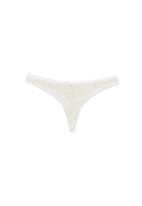 Perizoma bianco in pizzo con motivo floreale, bordi ondulati e una consistenza delicata. Design minimalista con un aspetto trasparente.