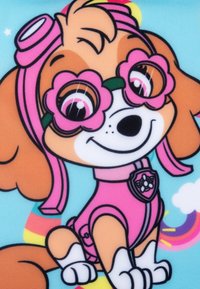 Cartoon dog character with brown fur, wearing pink glasses and a pink vest featuring a badge. Background is blue with clouds and rainbows.